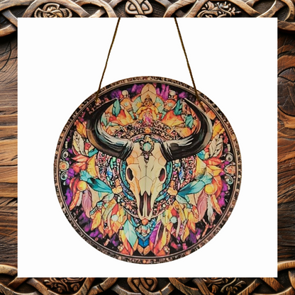 Bohemian Bull Skull Stained Glass Style Suncatcher – Mandala Window Hanging