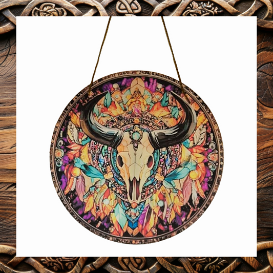 Bohemian Bull Skull Stained Glass Style Suncatcher – Mandala Window Hanging