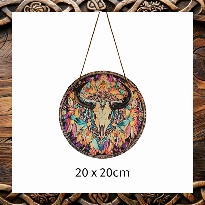 Bohemian Bull Skull Stained Glass Style Suncatcher – Mandala Window Hanging