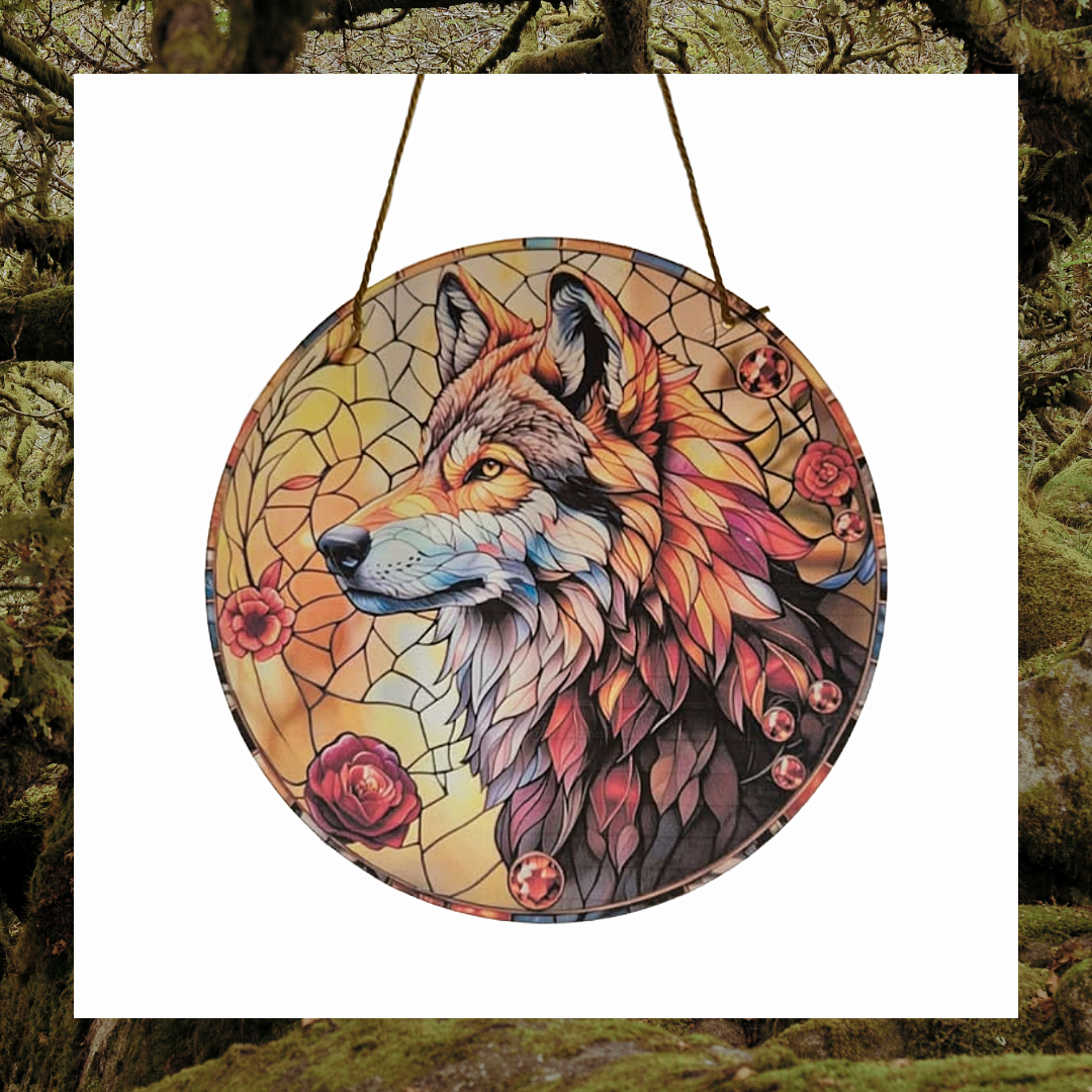 Mystic Wolf Stained Glass Effect Hanging Sun Catcher Plaque