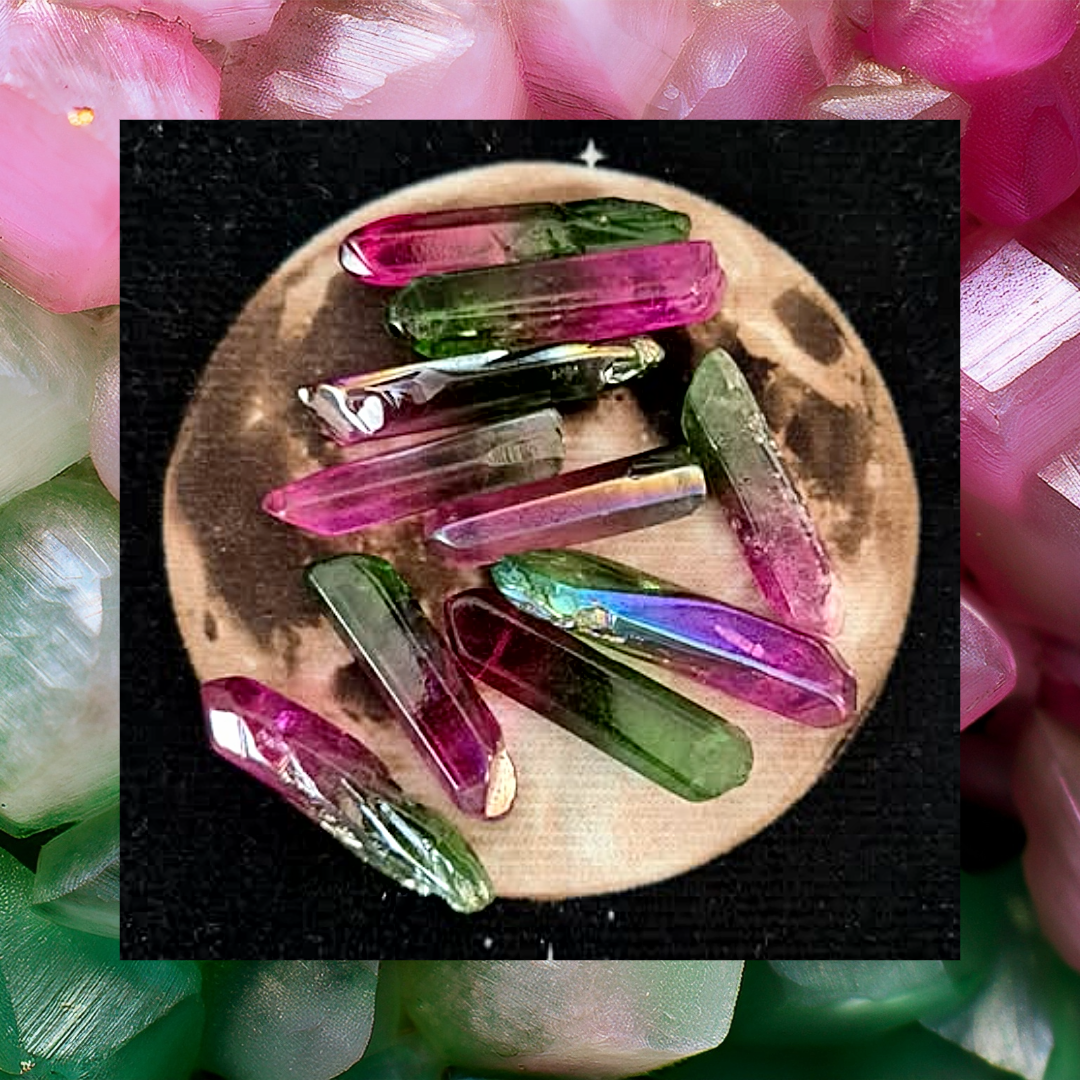 Iridescent Pink/Green Aura Points Raw Cut Crystal Pointed Wand Pieces