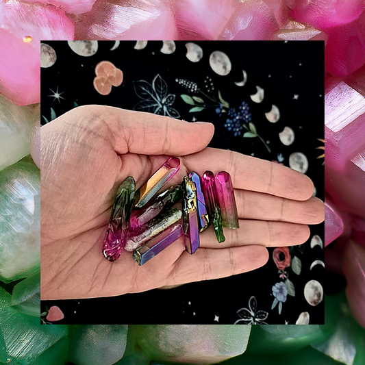 Iridescent Pink/Green Aura Points Raw Cut Crystal Pointed Wand Pieces