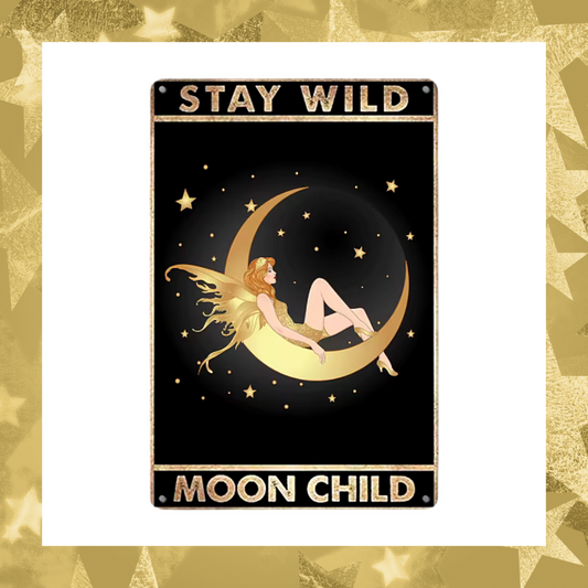Stay Wild Moon Child Fairy Laying On Crescent Moon Surrounded By Stars Home Garden Celestial Aluminium Metal Plaque