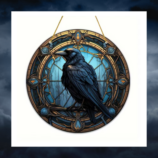 Gothic Raven Stained Glass Sun Catcher Plaque Round Acrylic Crow Bird Décor