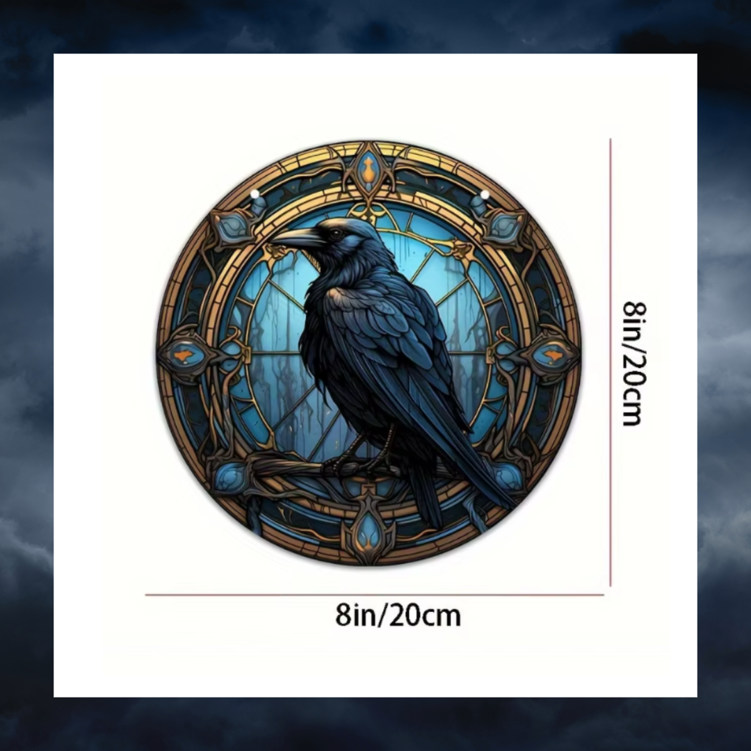Gothic Raven Stained Glass Sun Catcher Plaque Round Acrylic Crow Bird Décor