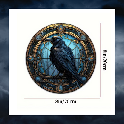Gothic Raven Stained Glass Sun Catcher Plaque Round Acrylic Crow Bird Décor