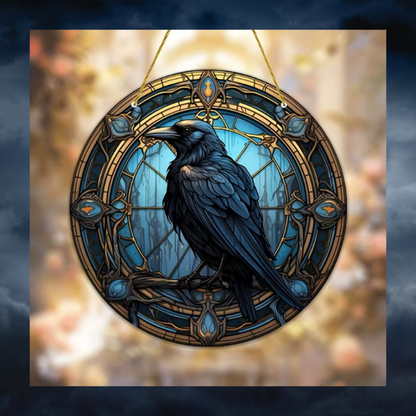 Gothic Raven Stained Glass Sun Catcher Plaque Round Acrylic Crow Bird Décor