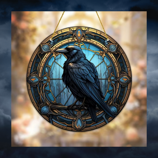 Gothic Raven Stained Glass Sun Catcher Plaque Round Acrylic Crow Bird Décor
