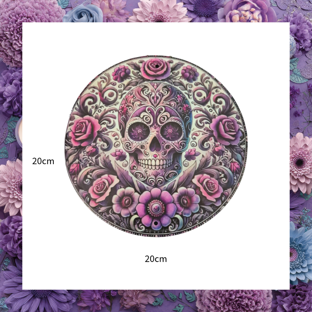 Day of the Dead Vintage Sugar Skull Round With Purple Roses Flowers Metal Wall Plaque