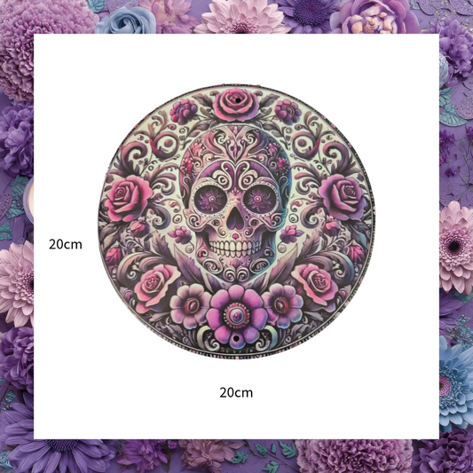 Day of the Dead Vintage Sugar Skull Round With Purple Roses Flowers Metal Wall Plaque