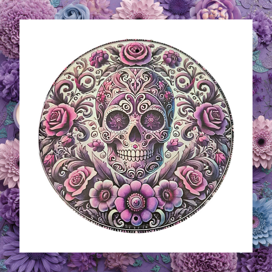 Day of the Dead Vintage Sugar Skull Round With Purple Roses Flowers Metal Wall Plaque