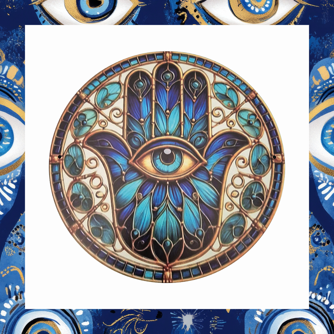 Celestial Hamsa Protection Plaque – Blue & Gold Evil Eye Wall Charm