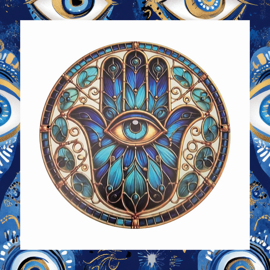 Celestial Hamsa Protection Plaque – Blue & Gold Evil Eye Wall Charm