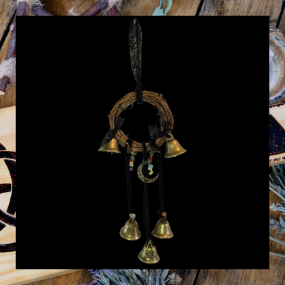 Round rattan witch bells hanging ornament with gemstones and charms