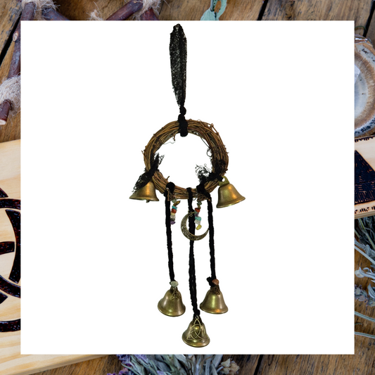 Round rattan witch bells hanging ornament with gemstones and charms