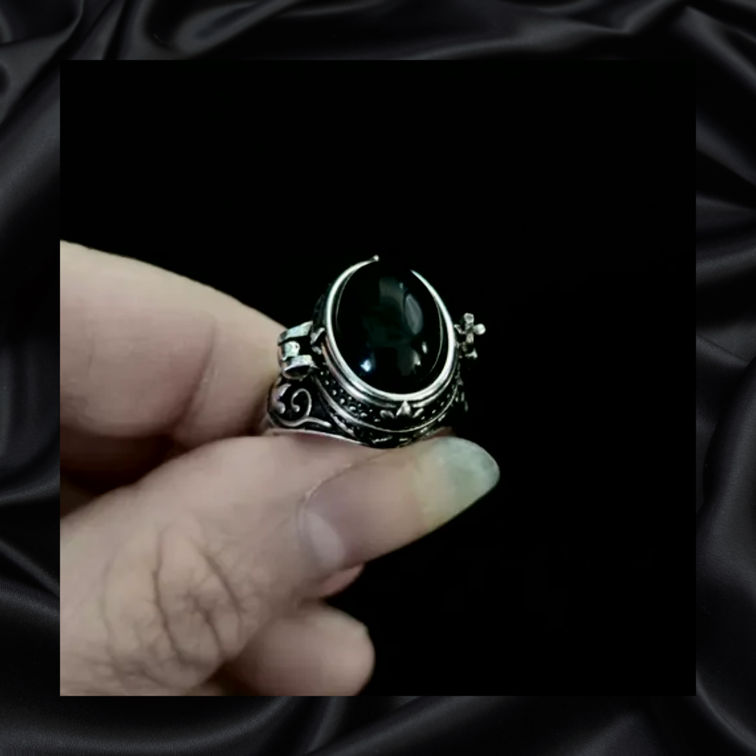 Obsidian Locket Adjustable Ring