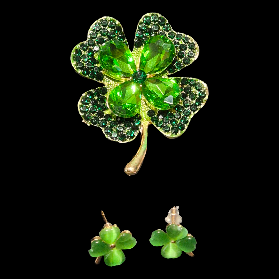 Emerald Green Shamrock Four leaf clover pin brooch and earrings set large St Patrick's Day