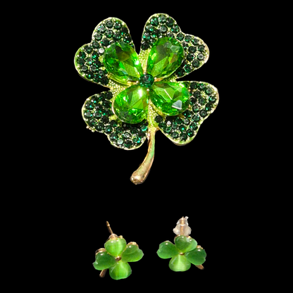 Emerald Green Shamrock Four leaf clover pin brooch and earrings set large St Patrick's Day