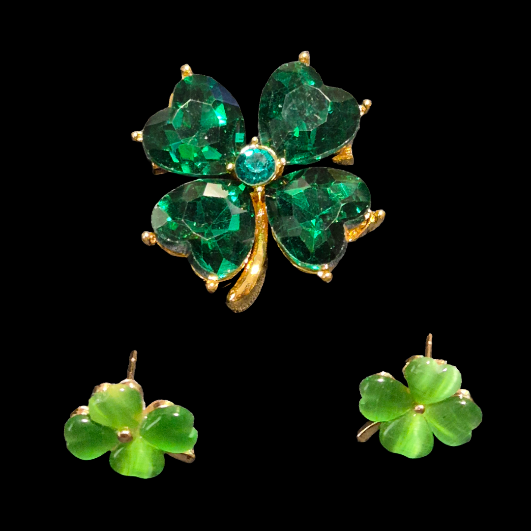 Emerald Green Shamrock Four leaf clover pin brooch and earrings set small St Patrick's Day