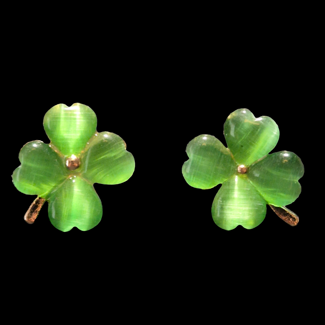 Emerald Green Shamrock Four leaf clover pin brooch and earrings set small St Patrick's Day