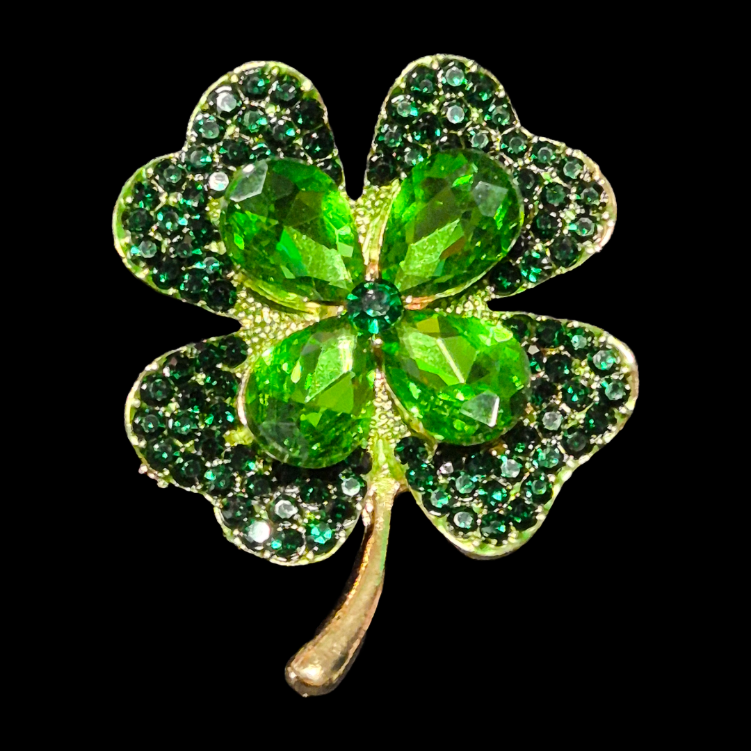 Emerald Green Shamrock Four leaf clover pin brooch and earrings set large St Patrick's Day