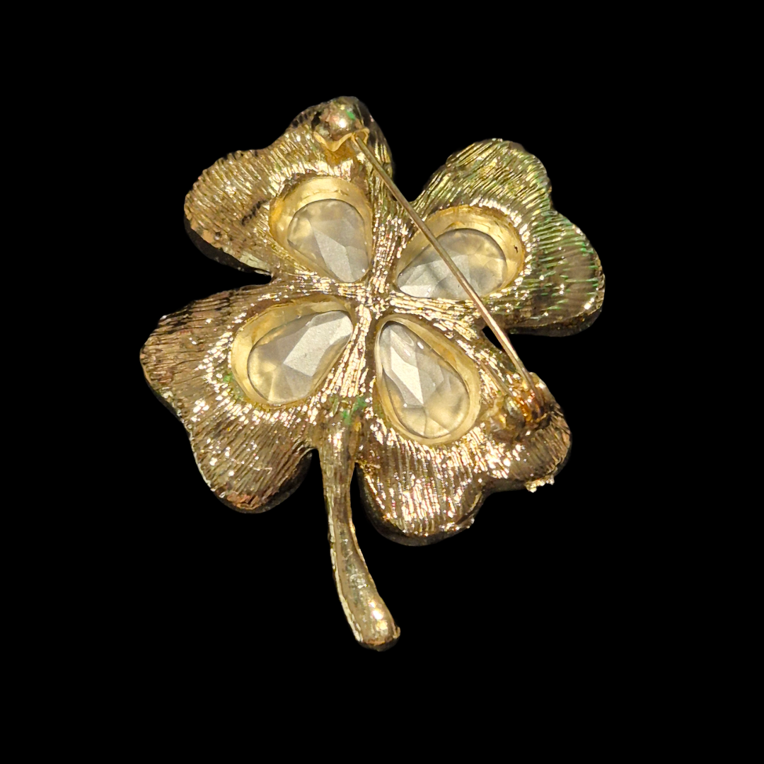 Emerald Green Shamrock Four leaf clover pin brooch and earrings set large St Patrick's Day