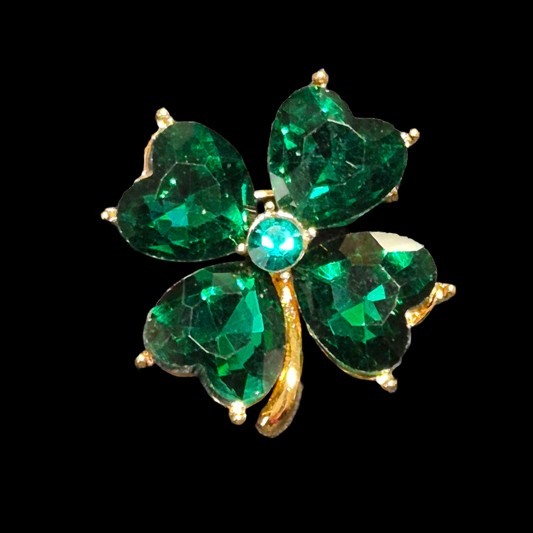 Emerald Green Shamrock Four leaf clover pin brooch and earrings set small St Patrick's Day