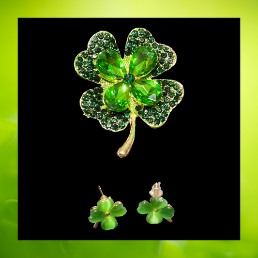 Emerald Green Shamrock Four leaf clover pin brooch and earrings set large St Patrick's Day