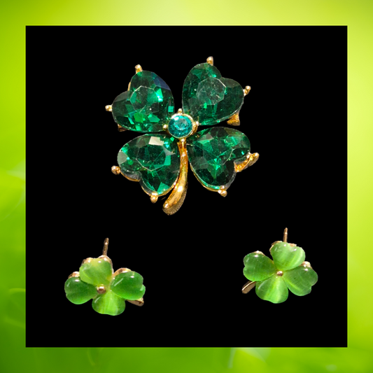 Emerald Green Shamrock Four leaf clover pin brooch and earrings set small St Patrick's Day