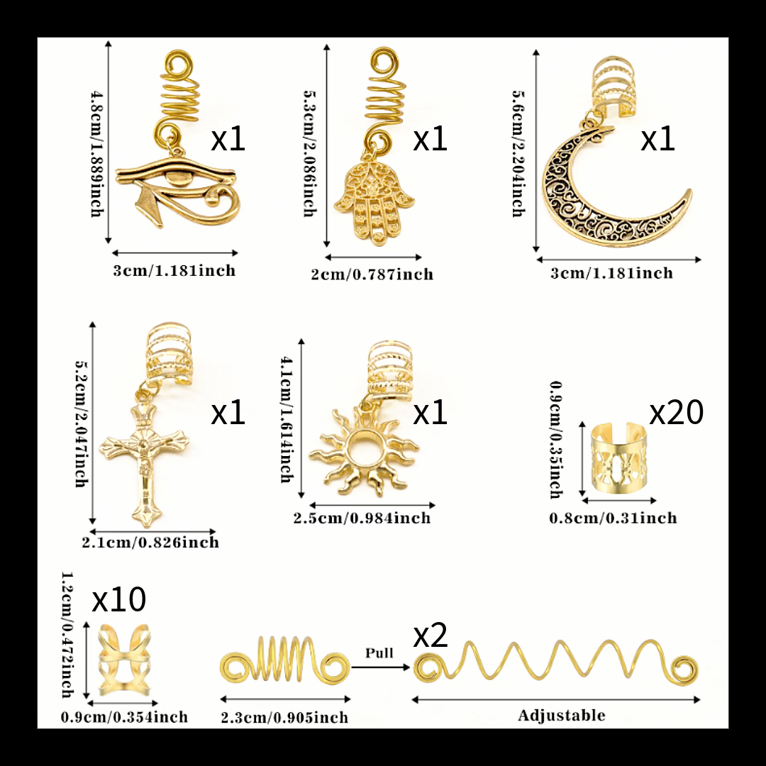 37pcs Gold Dreadlock & Braid Cuff Set – Celestial & Symbolic Hair Lock Jewellery