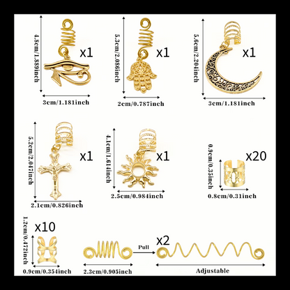 37pcs Gold Dreadlock & Braid Cuff Set – Celestial & Symbolic Hair Lock Jewellery