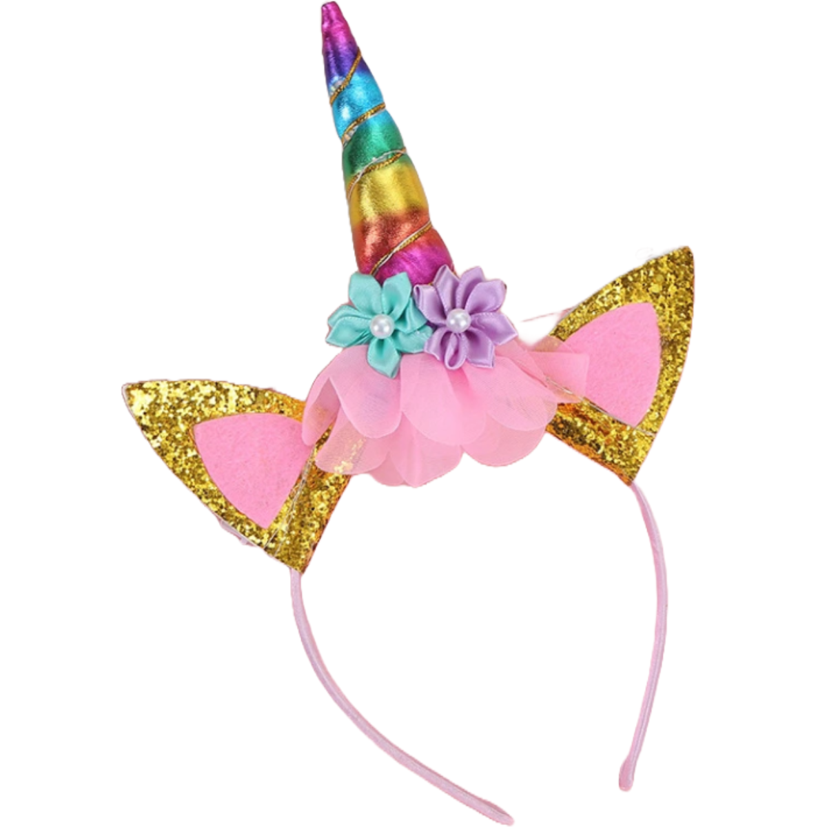 Unicorn themed girls headband with unicorn horn, ears and flowers