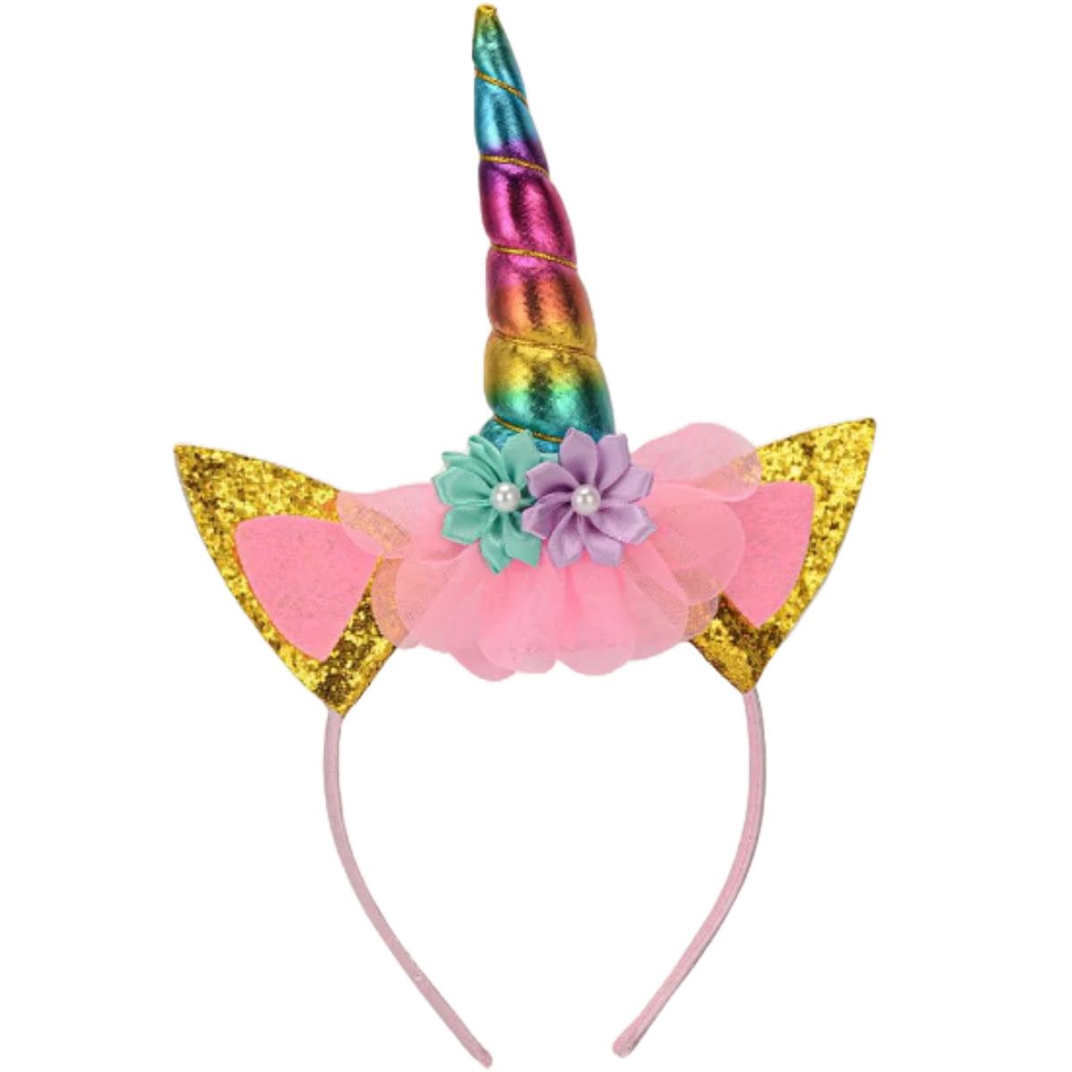 Unicorn themed girls headband with unicorn horn, ears and flowers