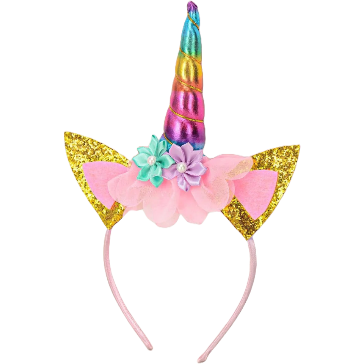 Unicorn themed girls headband with unicorn horn, ears and flowers