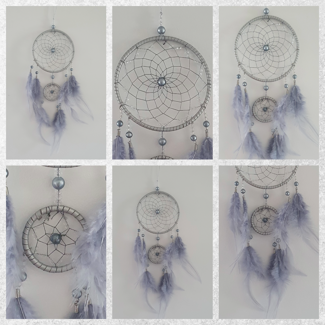 Grey Two-Ring Beads and Feathers Dream Catcher Wall Decoration