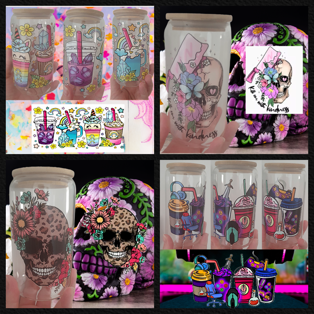 16oz glass tumblers liberty glass with Unicorn Rainbow Skulls Flowers Gamer UV DTF designs