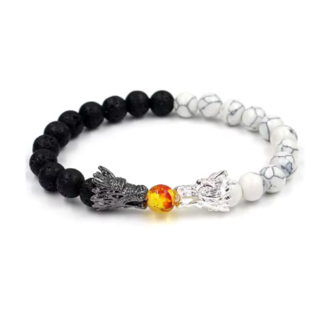 Dragon lava bead and white marbled bead bracelet