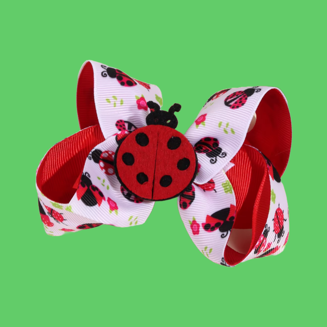 Lady Bug Red Black Spots Themed Ribbon Hair Bow Clips Set