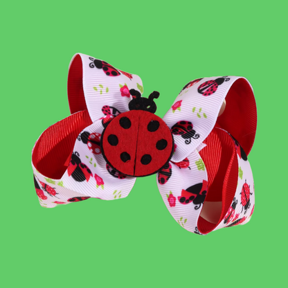 Lady Bug Red Black Spots Themed Ribbon Hair Bow Clips Set
