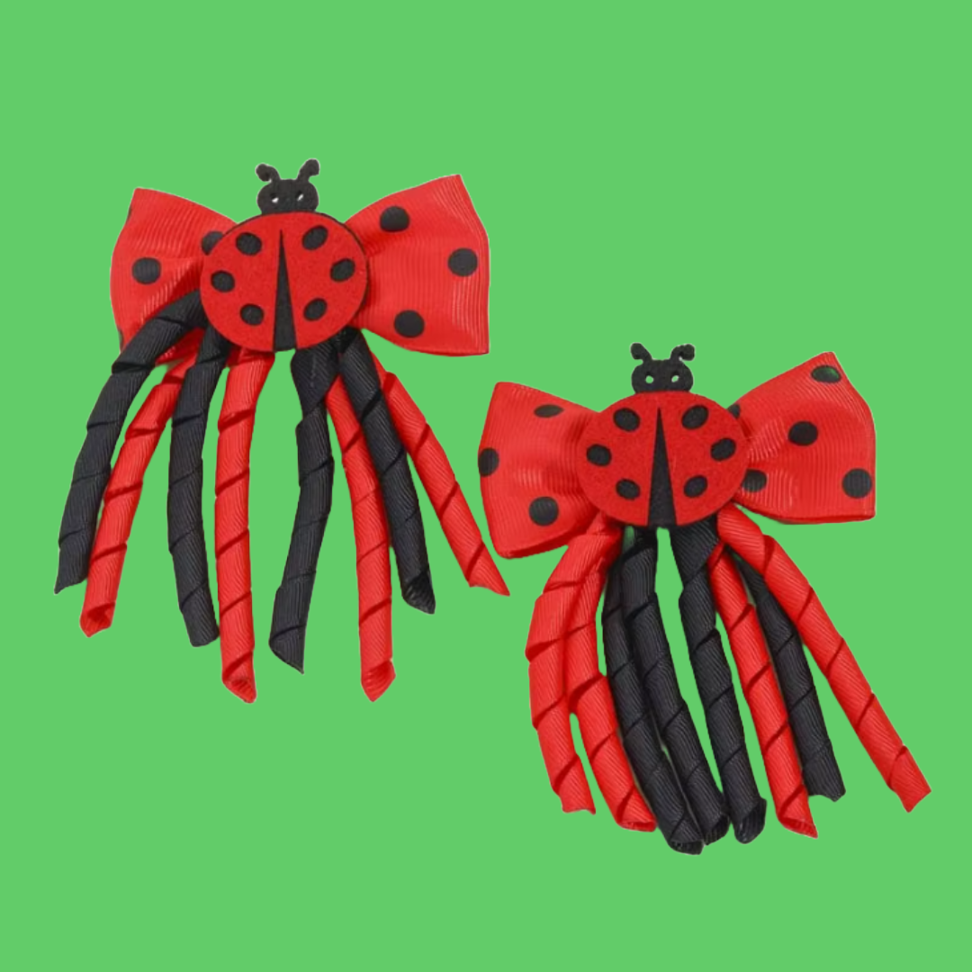 Lady Bug Red Black Spots Themed Ribbon Hair Bow Clips Set