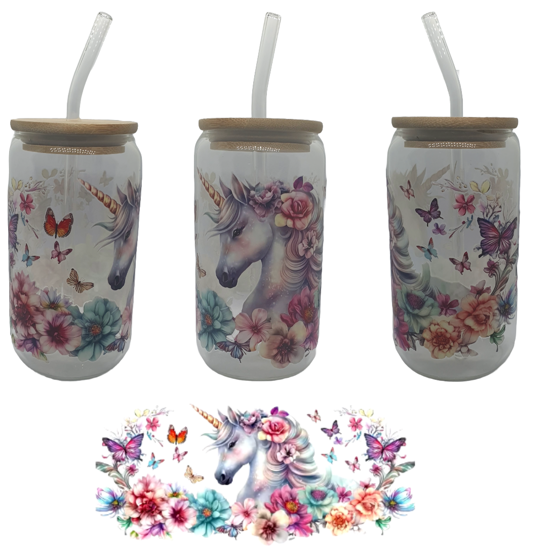 16oz glass tumblers liberty glass with Unicorn Rainbow Skulls Flowers Gamer UV DTF designs