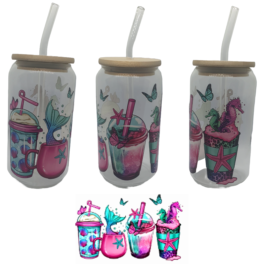 16oz glass tumblers liberty glass with Unicorn Rainbow Skulls Flowers Gamer UV DTF designs