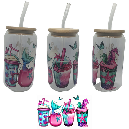 16oz glass tumblers liberty glass with Unicorn Rainbow Skulls Flowers Gamer UV DTF designs