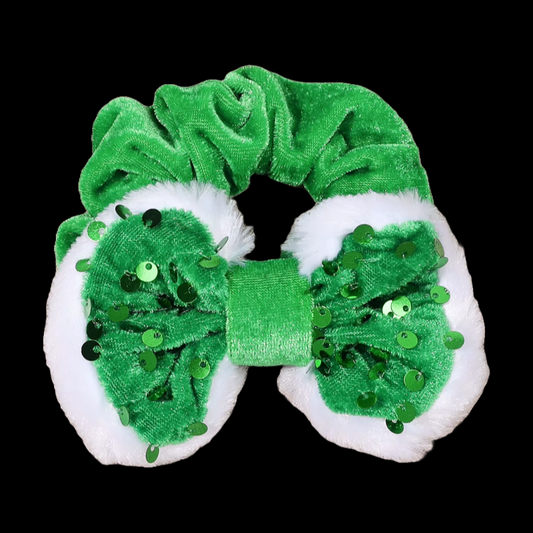 Green and red velvet hair scrunchie bobble with a red or green sequined bow with white fur trim