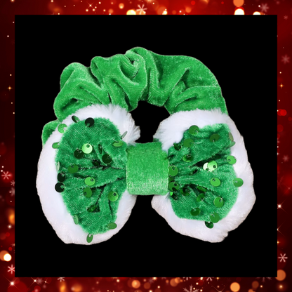 Green and red velvet hair scrunchie bobble with a red or green sequined bow with white fur trim