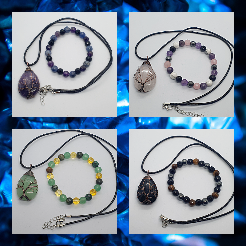 Natural gemstone necklace and bracelet set - Amethyst, Opal, Green Aventurine, Black Agate and Rose Quartz