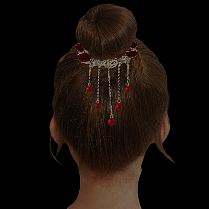 Red material rose, chain red bead and rhinestone hair claw for buns/ponytails