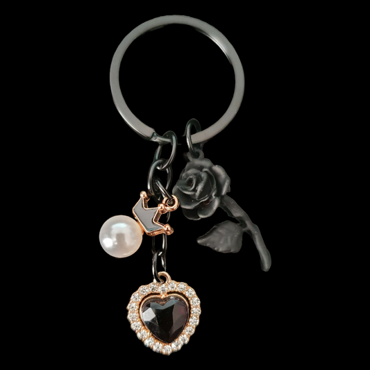 Black keyring keychain with pearl bead, crown, heart and rose