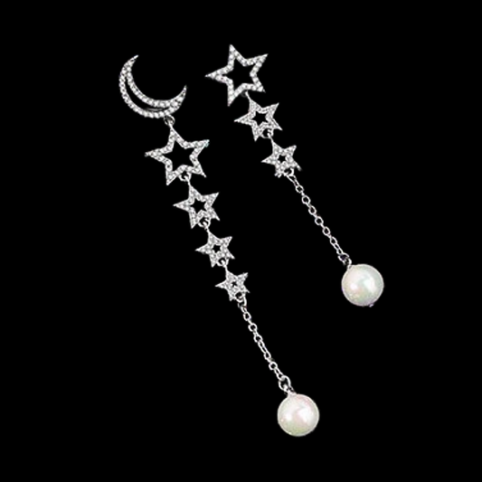 Silver moon and star celestial dangly earrings with pearl and cubic zirconia