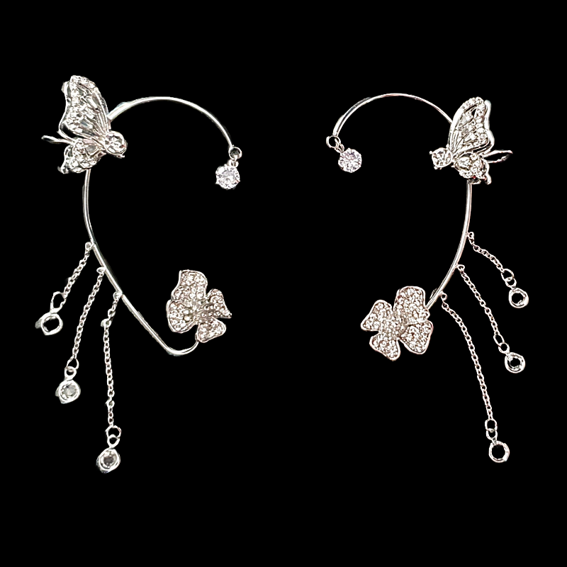 Butterfly flower dangling crystal earring cuff clip on earrings